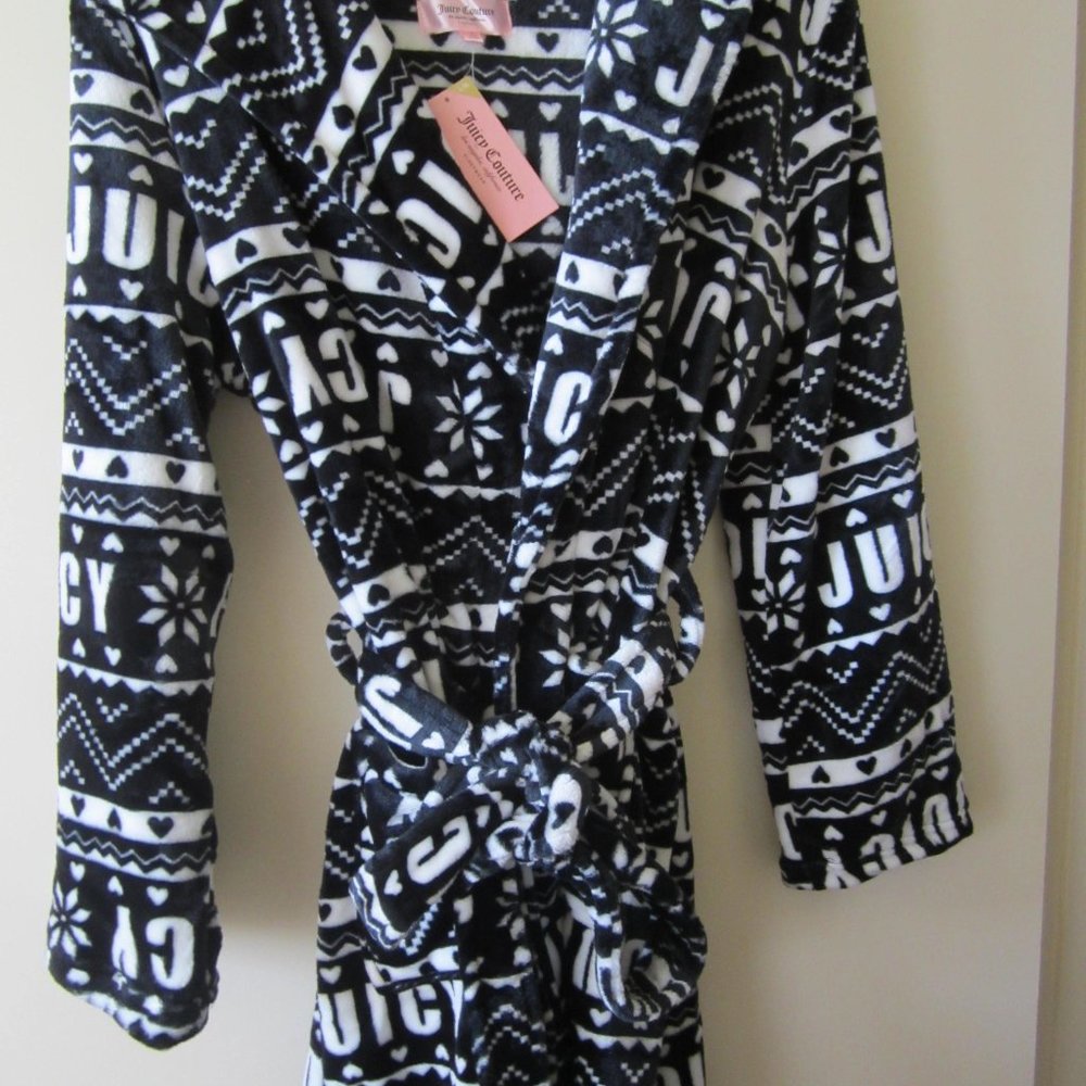 Juicy Couture Bathrobe Robe Hooded Sleepwear Black White L/XL Women
